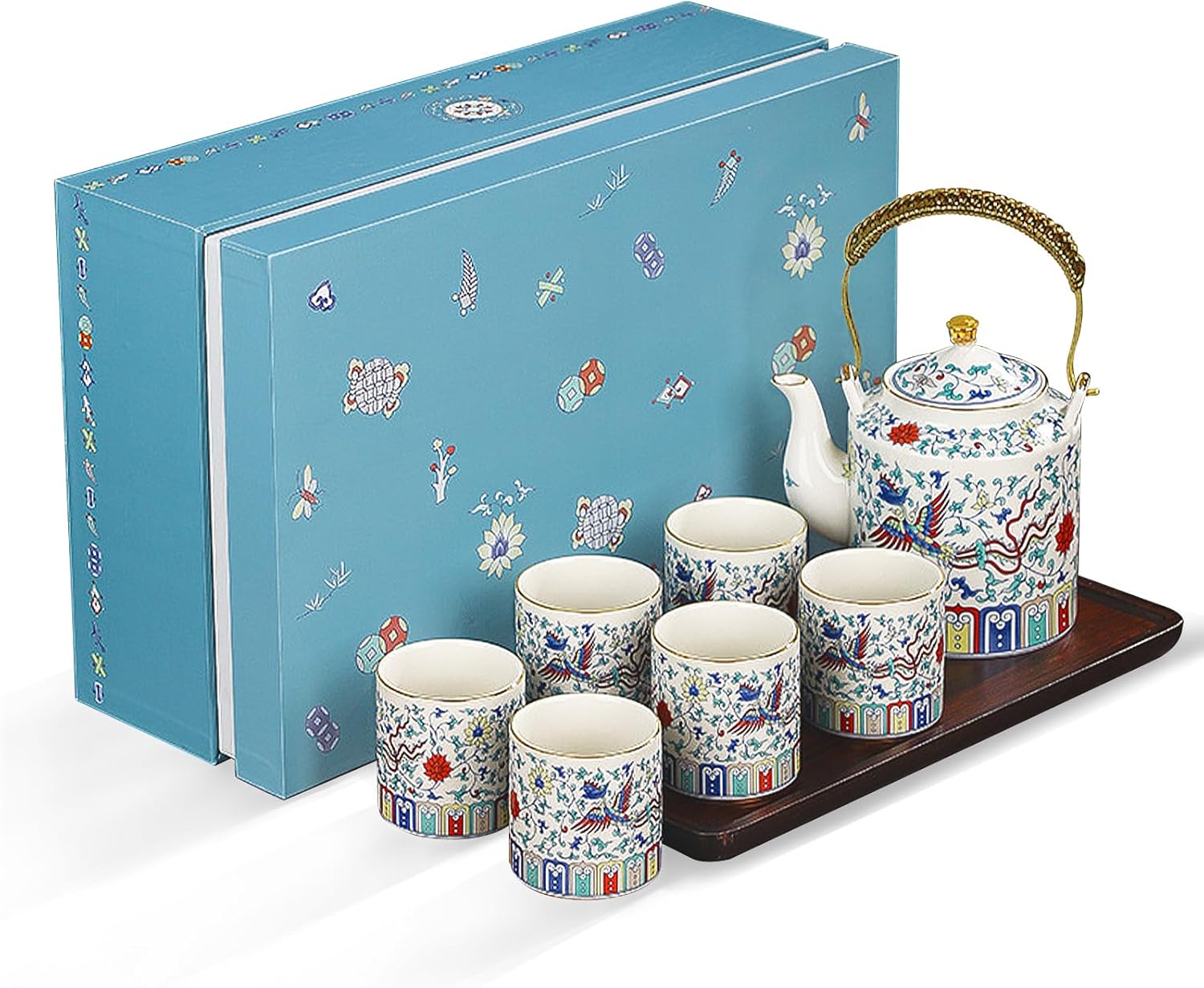 Porcelain Tea Set with Teapot and 6 Cups, Chinese Style Tea Service Set with Gift Box and Serving Tray