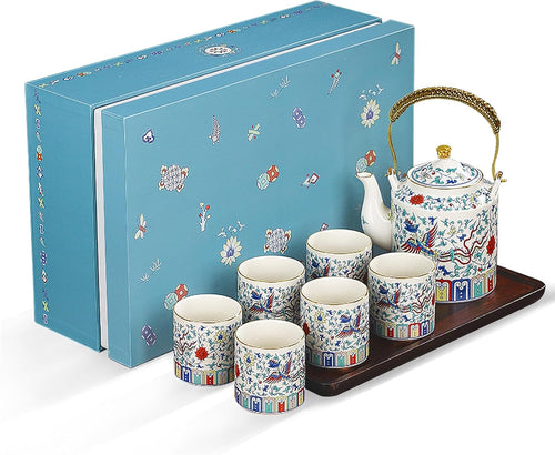 Porcelain Tea Set with Teapot and 6 Cups, Chinese Style Tea Service Set with Gift Box and Serving Tray