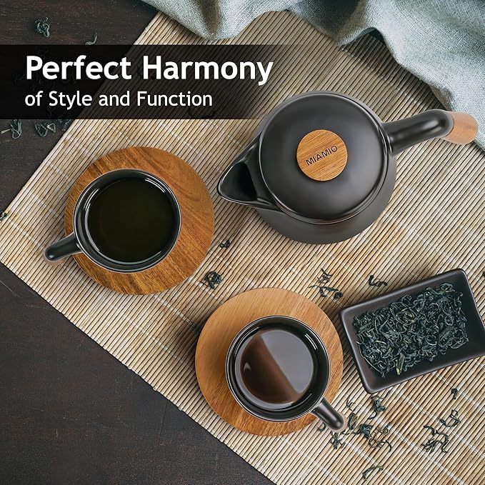 Ceramic Tea Set with Teapot, Infuser and 4 Cups, Modern Tea Service Set with Wooden Coasters