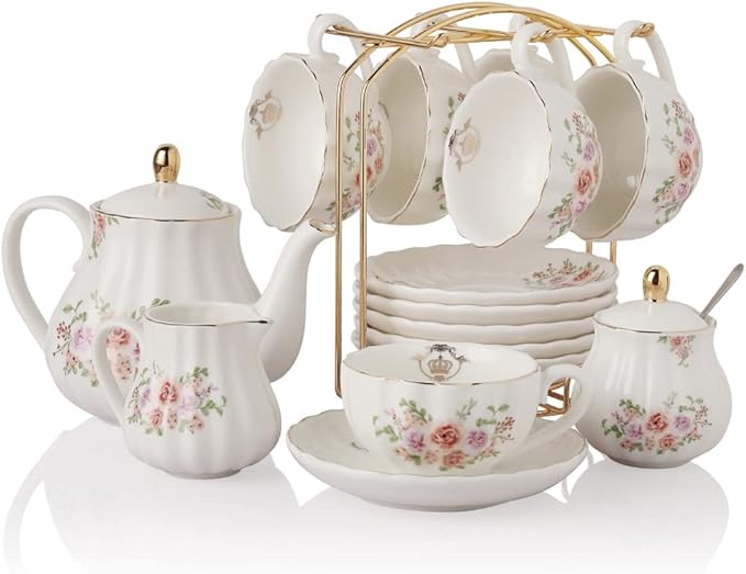 20-Piece Porcelain Tea Set with Teapot, Cups, Saucers, Sugar Bowl, Creamer and Metal Stand