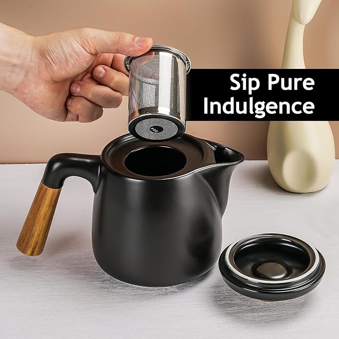 Ceramic Tea Set with Teapot, Infuser and 4 Cups, Modern Tea Service Set with Wooden Coasters