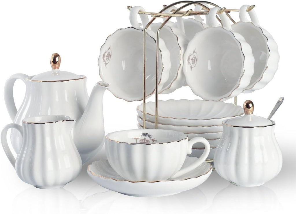 20-Piece Porcelain Tea Set with Teapot, Cups, Saucers, Sugar Bowl, Creamer and Metal Stand