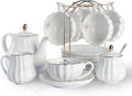 20-Piece Porcelain Tea Set with Teapot, Cups, Saucers, Sugar Bowl, Creamer and Metal Stand