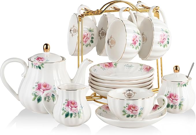 20-Piece Porcelain Tea Set with Teapot, Cups, Saucers, Sugar Bowl, Creamer and Metal Stand