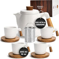 Ceramic Tea Set with Teapot, Infuser and 4 Cups, Modern Tea Service Set with Wooden Coasters