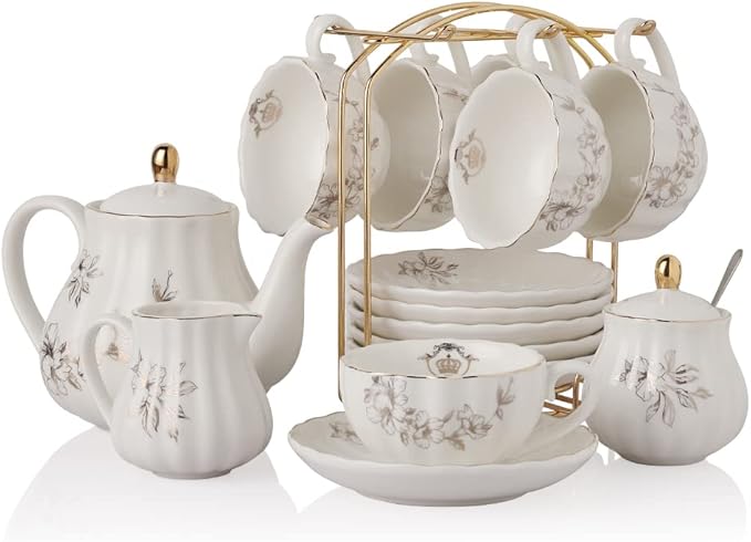 20-Piece Porcelain Tea Set with Teapot, Cups, Saucers, Sugar Bowl, Creamer and Metal Stand