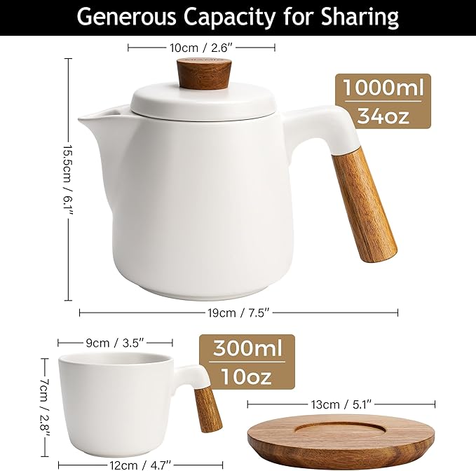 Ceramic Tea Set with Teapot, Infuser and 4 Cups, Modern Tea Service Set with Wooden Coasters