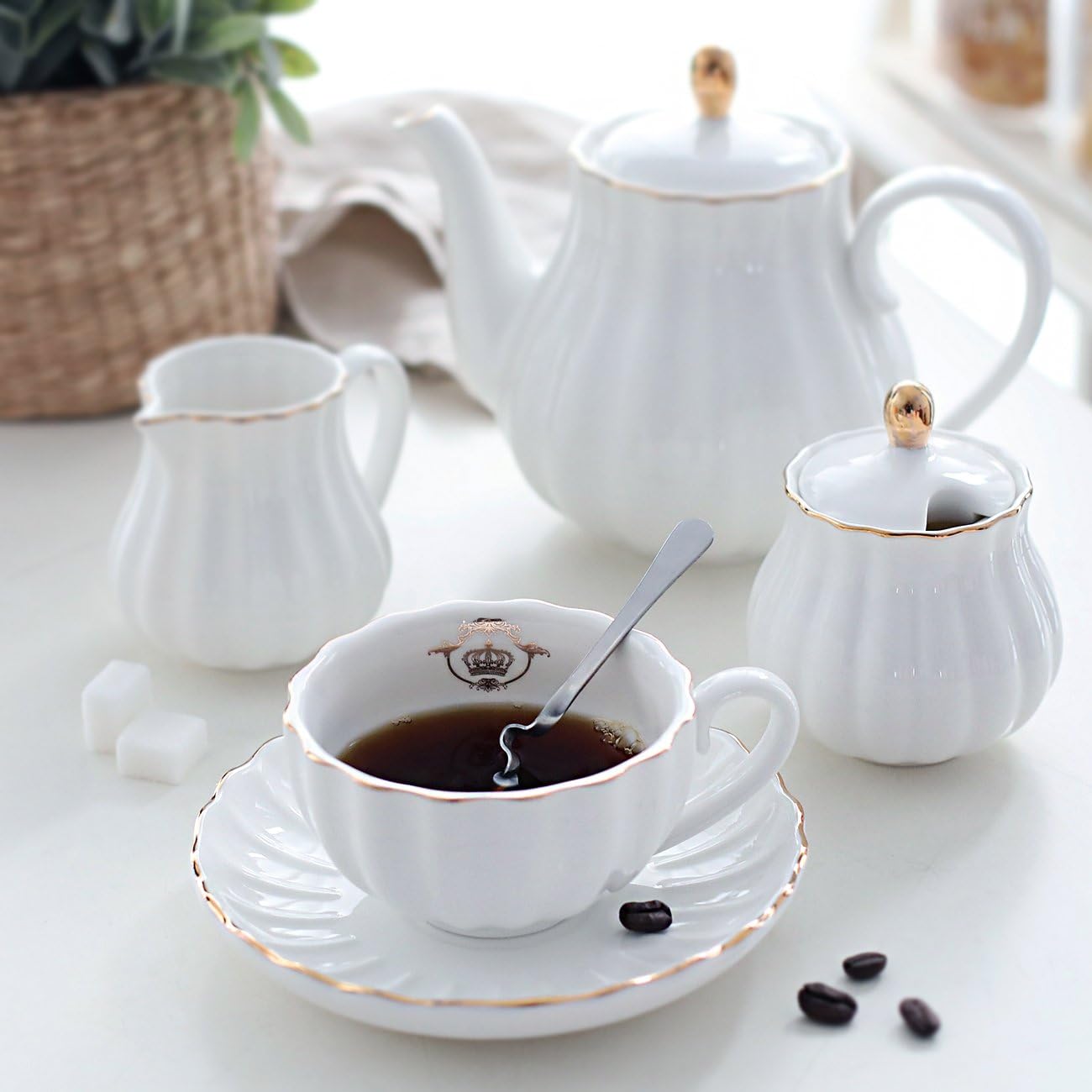 20-Piece Porcelain Tea Set with Teapot, Cups, Saucers, Sugar Bowl, Creamer and Metal Stand