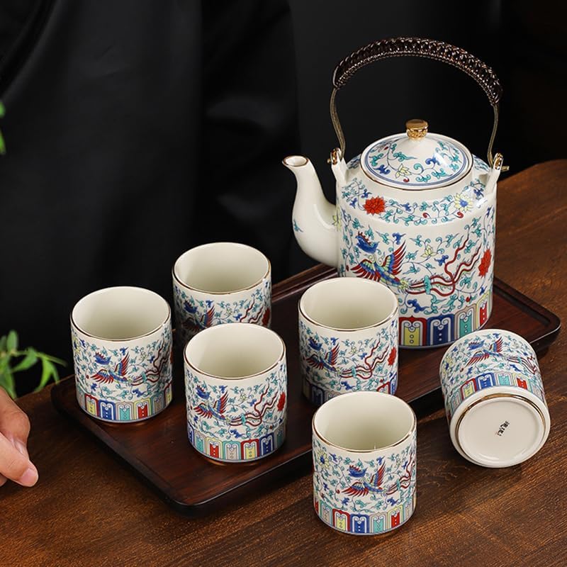 Porcelain Tea Set with Teapot and 6 Cups, Chinese Style Tea Service Set with Gift Box and Serving Tray