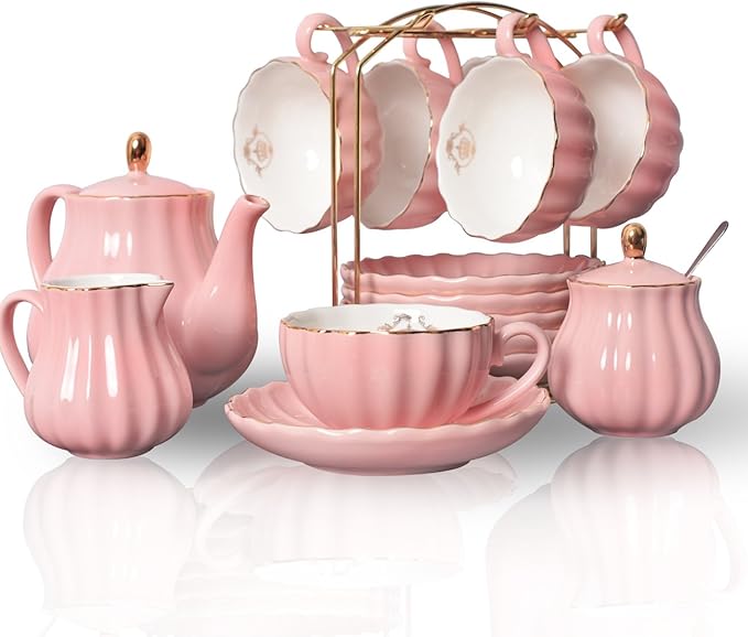 20-Piece Porcelain Tea Set with Teapot, Cups, Saucers, Sugar Bowl, Creamer and Metal Stand