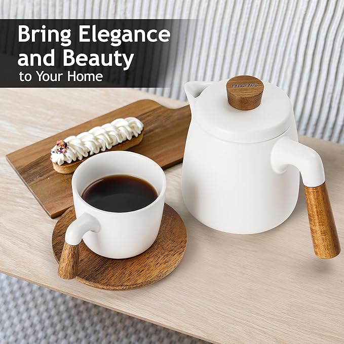 Ceramic Tea Set with Teapot, Infuser and 4 Cups, Modern Tea Service Set with Wooden Coasters
