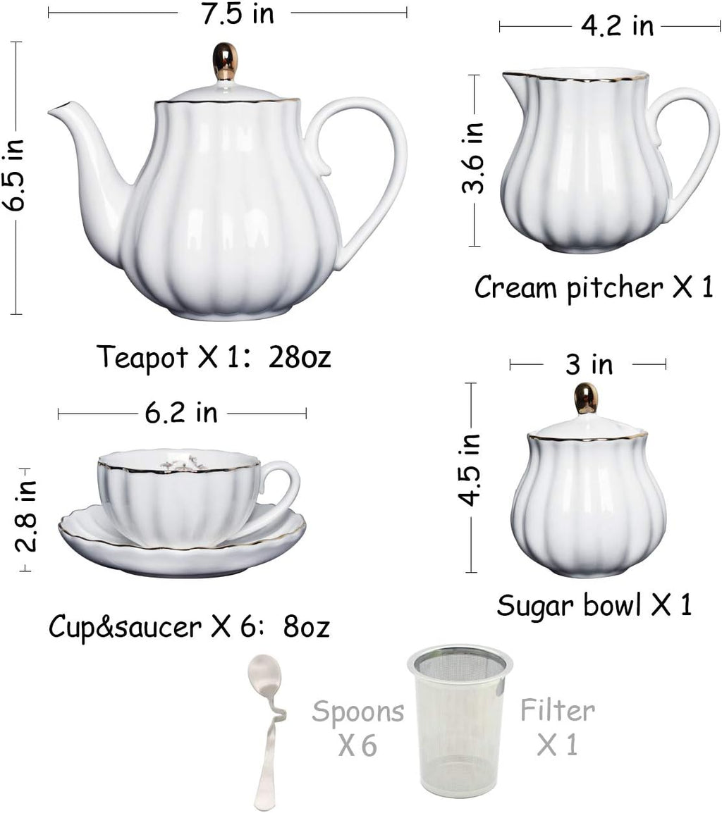 20-Piece Porcelain Tea Set with Teapot, Cups, Saucers, Sugar Bowl, Creamer and Metal Stand