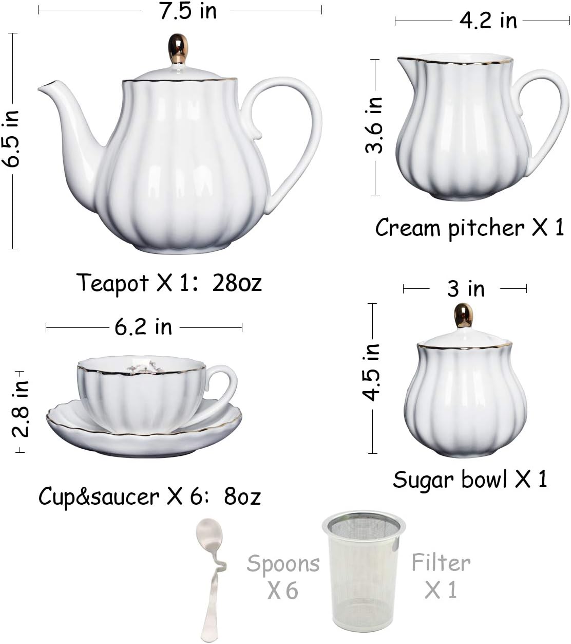 20-Piece Porcelain Tea Set with Teapot, Cups, Saucers, Sugar Bowl, Creamer and Metal Stand