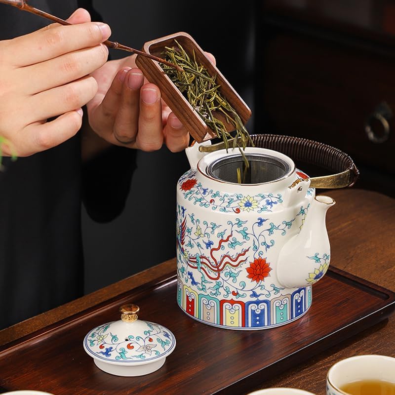 Porcelain Tea Set with Teapot and 6 Cups, Chinese Style Tea Service Set with Gift Box and Serving Tray