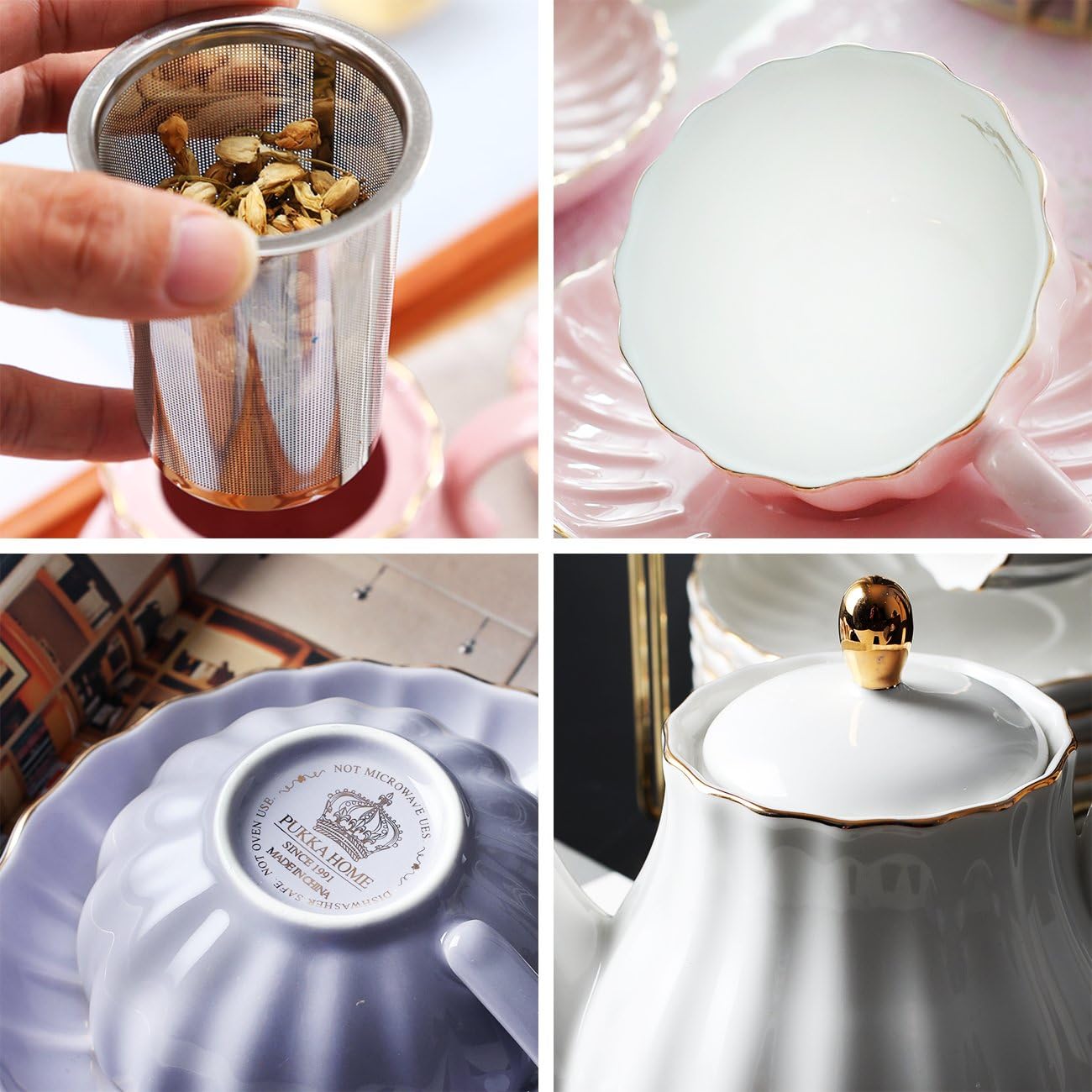 20-Piece Porcelain Tea Set with Teapot, Cups, Saucers, Sugar Bowl, Creamer and Metal Stand