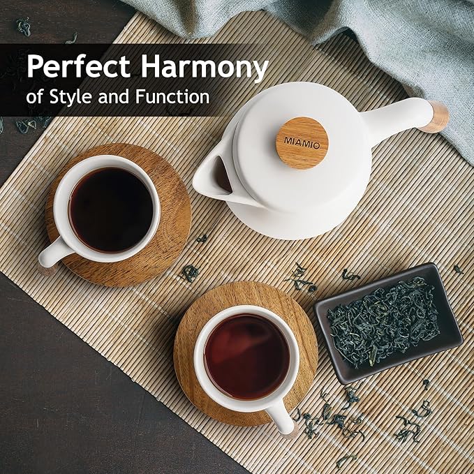 Ceramic Tea Set with Teapot, Infuser and 4 Cups, Modern Tea Service Set with Wooden Coasters