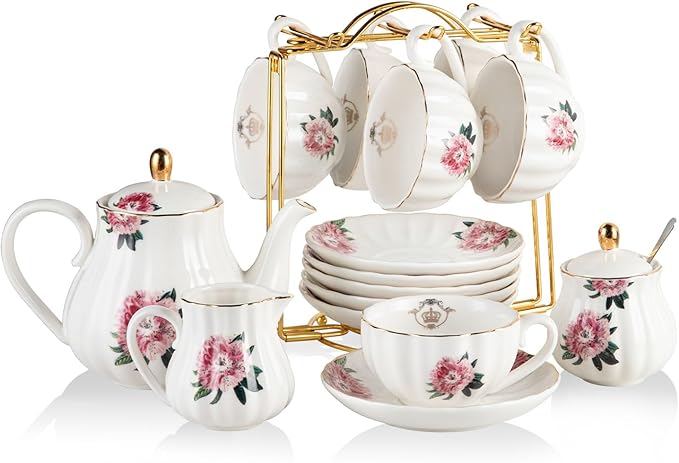 20-Piece Porcelain Tea Set with Teapot, Cups, Saucers, Sugar Bowl, Creamer and Metal Stand