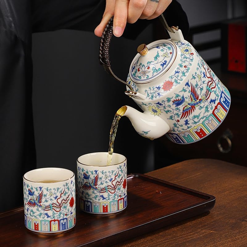 Porcelain Tea Set with Teapot and 6 Cups, Chinese Style Tea Service Set with Gift Box and Serving Tray