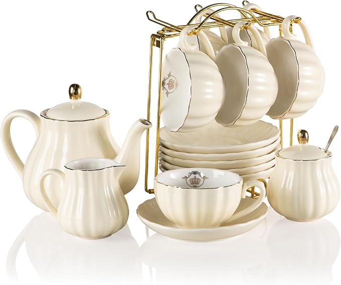 20-Piece Porcelain Tea Set with Teapot, Cups, Saucers, Sugar Bowl, Creamer and Metal Stand