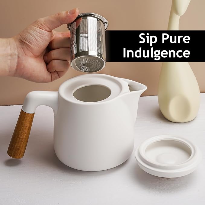 Ceramic Tea Set with Teapot, Infuser and 4 Cups, Modern Tea Service Set with Wooden Coasters