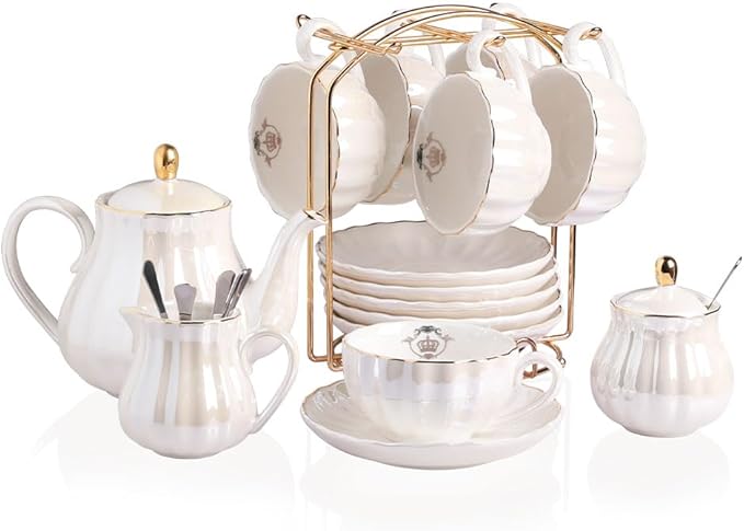 20-Piece Porcelain Tea Set with Teapot, Cups, Saucers, Sugar Bowl, Creamer and Metal Stand