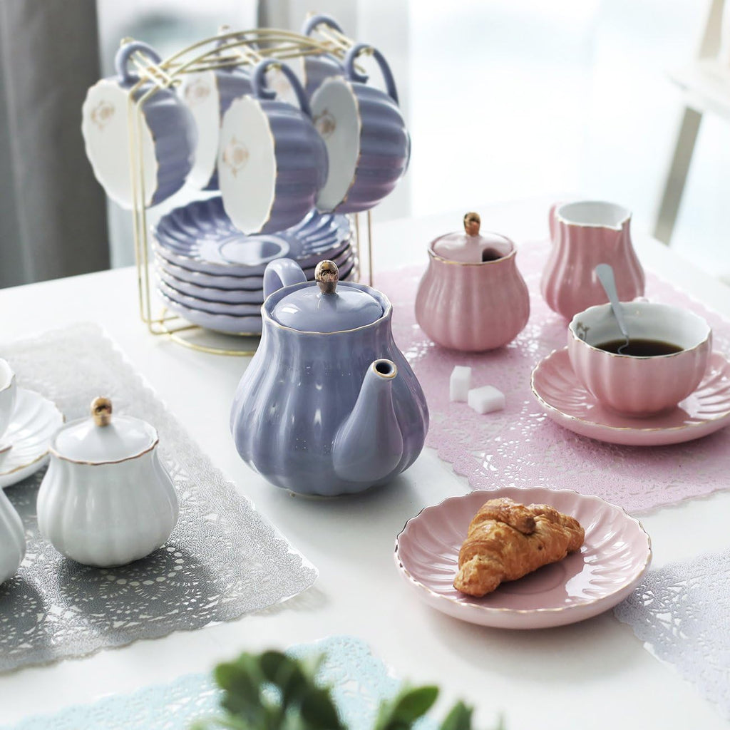 20-Piece Porcelain Tea Set with Teapot, Cups, Saucers, Sugar Bowl, Creamer and Metal Stand