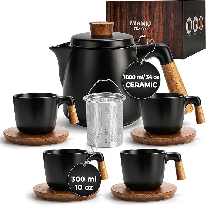 Ceramic Tea Set with Teapot, Infuser and 4 Cups, Modern Tea Service Set with Wooden Coasters