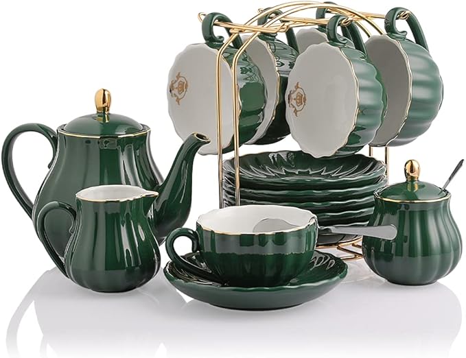 20-Piece Porcelain Tea Set with Teapot, Cups, Saucers, Sugar Bowl, Creamer and Metal Stand