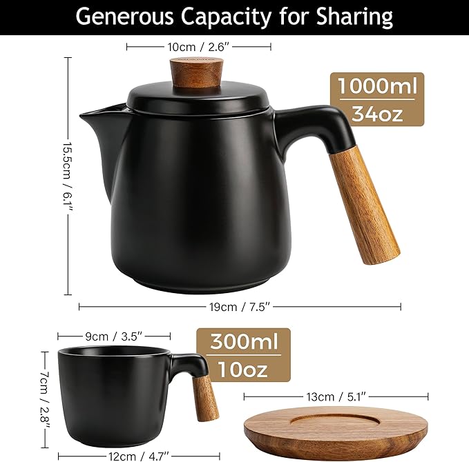 Ceramic Tea Set with Teapot, Infuser and 4 Cups, Modern Tea Service Set with Wooden Coasters