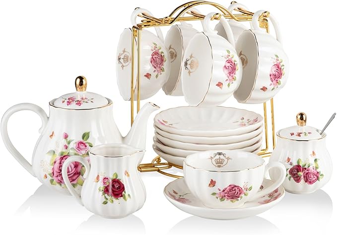 20-Piece Porcelain Tea Set with Teapot, Cups, Saucers, Sugar Bowl, Creamer and Metal Stand