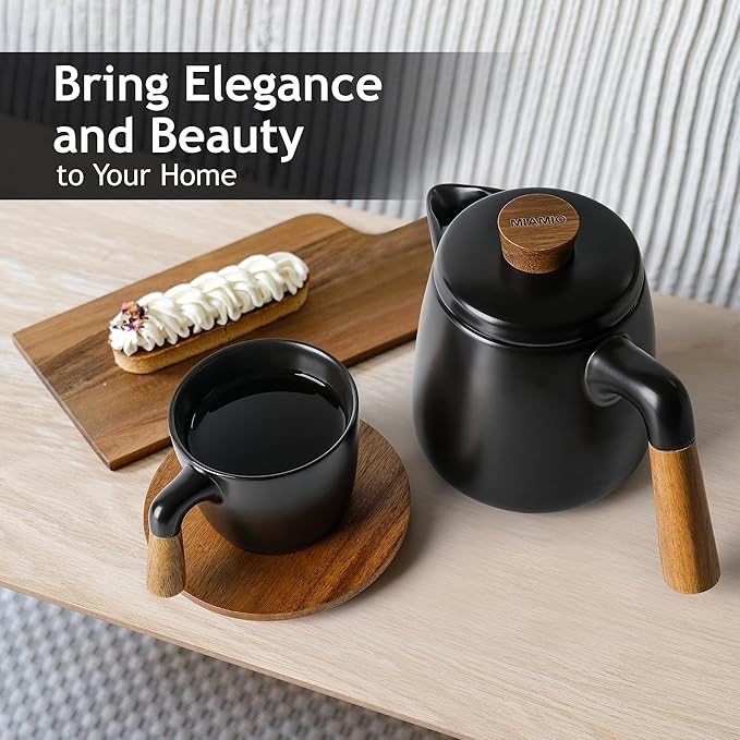 Ceramic Tea Set with Teapot, Infuser and 4 Cups, Modern Tea Service Set with Wooden Coasters