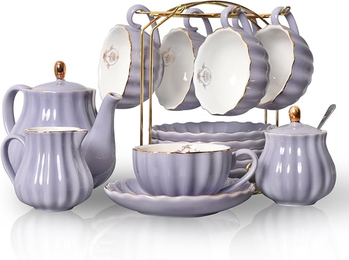 20-Piece Porcelain Tea Set with Teapot, Cups, Saucers, Sugar Bowl, Creamer and Metal Stand